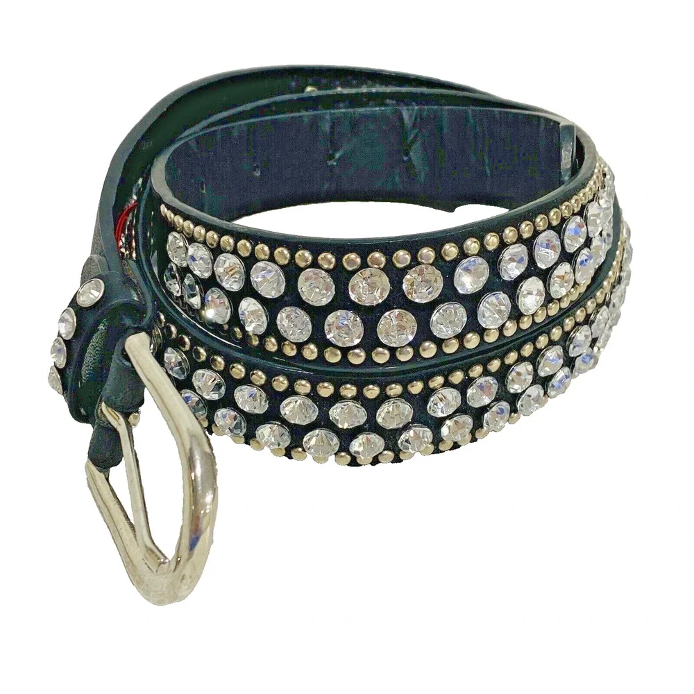Bongo XL black faux leather belt clear rhinestone & silver studs metal rocker